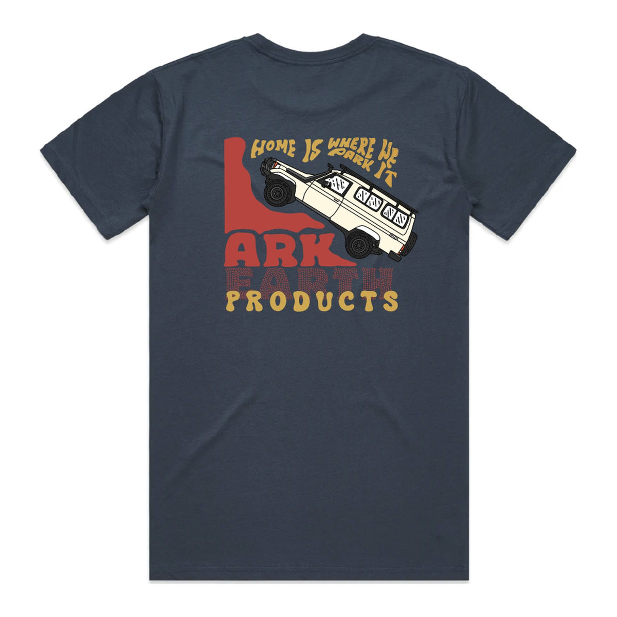 Ark Earth Home Is Where We Park It men's tee in Petrol Blue, back print with hand-drawn Troopy