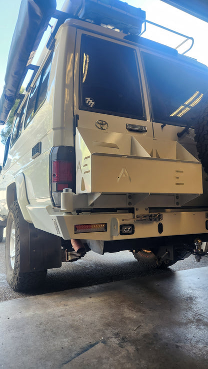 Toyota Troopcarrier Rear Bar - Twin jerry can holder - spare wheel carrier - White edition bar