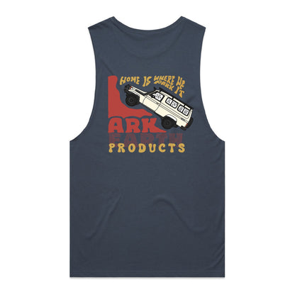 Ark Earth Home Is Where We Park It men's tank in Petrol Blue, back print with hand-drawn Troopy