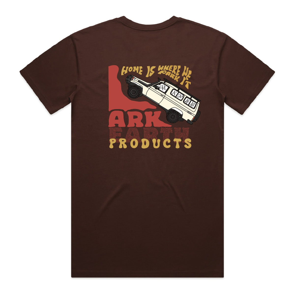 Ark Earth Home Is Where We Park It men's tee in Chestnut, back print with hand-drawn Troopy