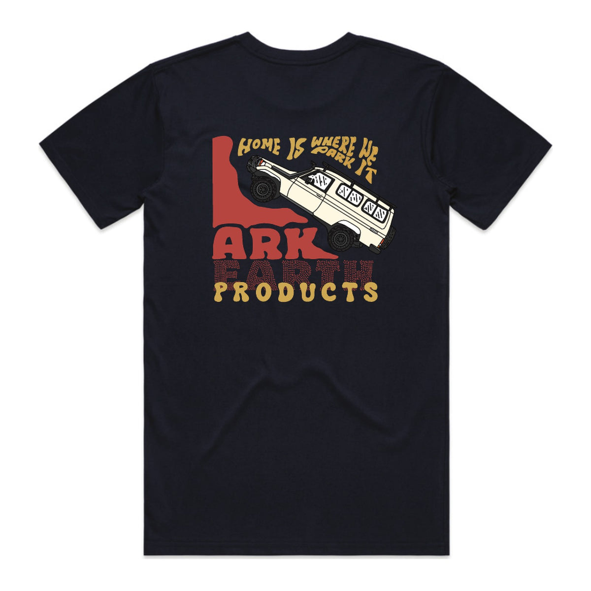 Ark Earth Home Is Where We Park It men's tee in Navy, back print with hand-drawn Troopy