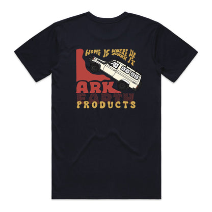 Ark Earth Home Is Where We Park It men's tee in Navy, back print with hand-drawn Troopy
