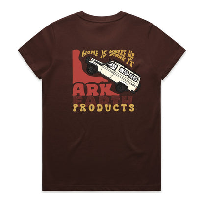 Ark Earth Home Is Where We Park It women's tee in Chestnut, back print with hand-drawn Troopy