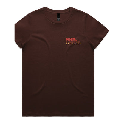 Ark Earth women's tee in Chestnut, front with Ark Earth Products left chest logo